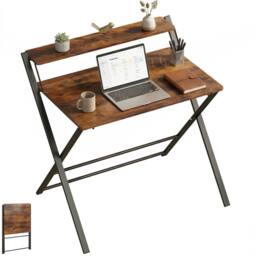 HOMCOM Folding Desk with 2-Tier Shelf for Home Office in Brown - thumbnail 2