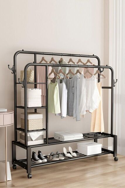 H&O Direct Metal Double-Rod Clothes Rack with Shelves & Wheels in Black - image 1