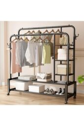 H&O Direct Metal Double-Rod Clothes Rack with Shelves & Wheels in Black - thumbnail 2