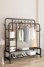 H&O Direct Metal Double-Rod Clothes Rack with Shelves & Wheels in Black