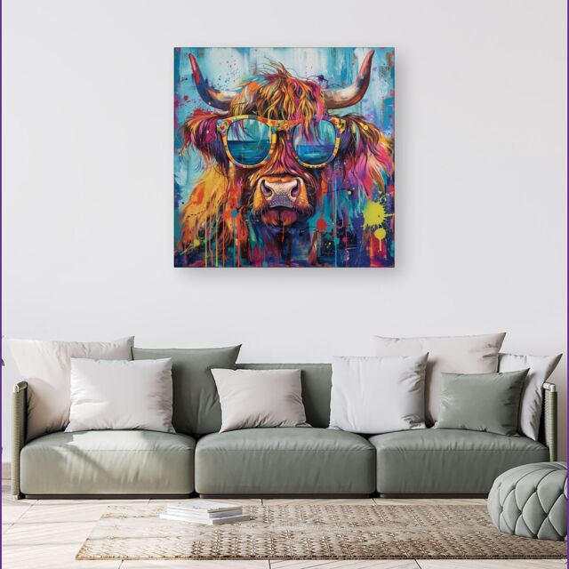 Warren Reed - Designer Splashart Highland Cow With Glasses Canvas - Size: w40 inch x h40 inch - image 1