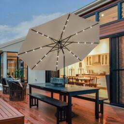 Costway 3M Garden Parasol 24 Solar Power LED Lights Patio Umbrella with Tilt & Crank Handle Coffee in Brown - thumbnail 3