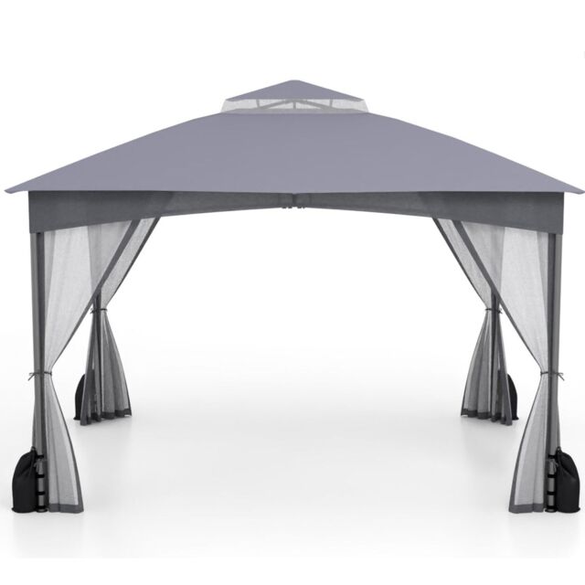 Gymax 365 cm x 300 cm Patio Gazebo With Netting Walls & Zippered Doors in Grey - image 1