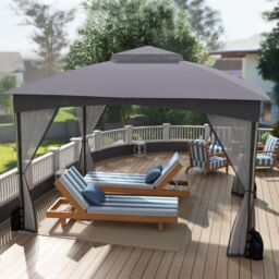 Gymax 365 cm x 300 cm Patio Gazebo With Netting Walls & Zippered Doors in Grey - thumbnail 2