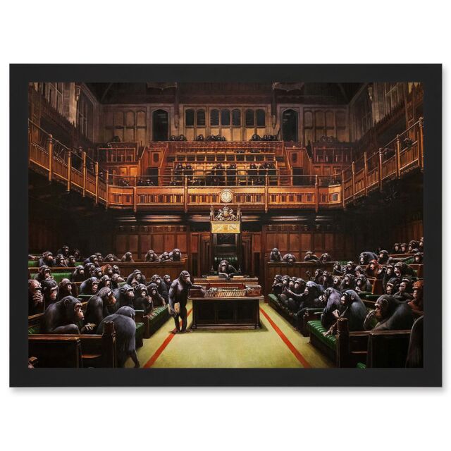 Artery8 Banksy Devolved Parliament Chimps Apes Graffiti Painting Artwork Framed Wall Art Print A4 in Black - image 1