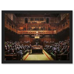Artery8 Banksy Devolved Parliament Chimps Apes Graffiti Painting Artwork Framed Wall Art Print A4 in Black - thumbnail 1