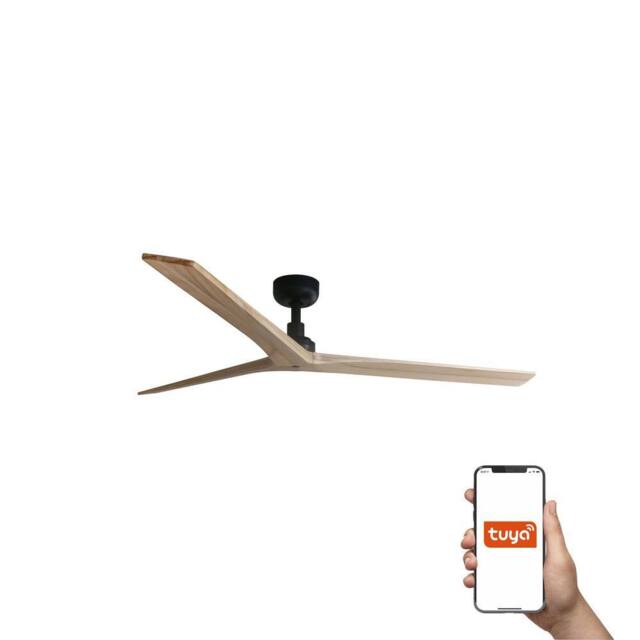 Netlighting Klim Large 3 Blade Ceiling Fan Matt Black Pine Wood Tuya Smart System in Light Tan - image 1