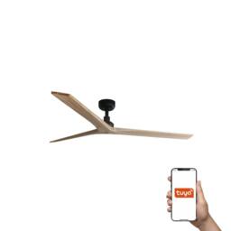 Netlighting Klim Large 3 Blade Ceiling Fan Matt Black Pine Wood Tuya Smart System in Light Tan