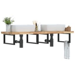 Berkfield Home Basin Shelf Wall Mounted Steel & Solid Wood Acacia in Brown - thumbnail 1