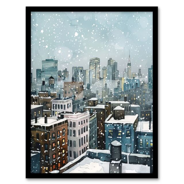 "Artery8 New York City Rooftops Winter Snow Cityscape Framed Wall Art in Blue - Size: W12"" x H16""" - image 1