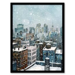 "Artery8 New York City Rooftops Winter Snow Cityscape Framed Wall Art in Blue - Size: W12"" x H16""" - thumbnail 1