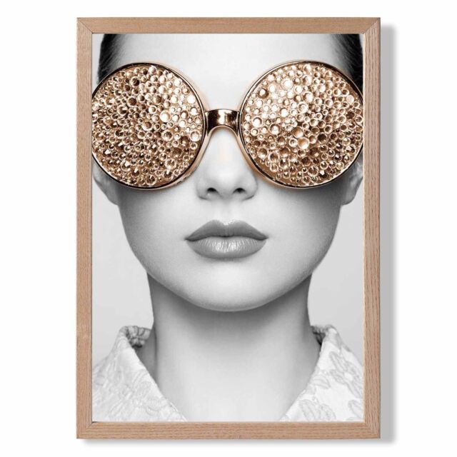ARTZE Girl with Gold Bling Sunglasses Fashion Black & White Photo Framed Print SIZE: A4 with Oak Frame - Size: A3 - image 1