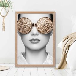 ARTZE Girl with Gold Bling Sunglasses Fashion Black & White Photo Framed Print SIZE: A4 with Oak Frame - Size: A3 - thumbnail 2