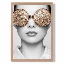 ARTZE Girl with Gold Bling Sunglasses Fashion Black & White Photo Framed Print SIZE: A4 with Oak Frame - Size: A3
