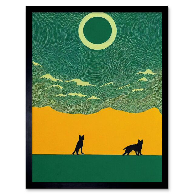 "Artery8 Wall Art Print Abstract Wolves Minimalist Surreal Sky Green Yellow Art Framed in Black - Size: W12"" x H16""" - image 1