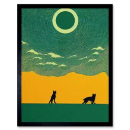 "Artery8 Wall Art Print Abstract Wolves Minimalist Surreal Sky Green Yellow Art Framed in Black - Size: W12"" x H16""" - thumbnail 1