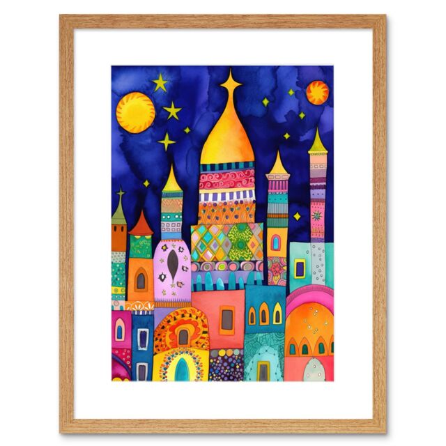 "Artery8 Wall Art Print Islamic Cityscape Moonlight Mosque Folk Artwork Framed 9X7 Inch in Beige - Size: W7"" x H9""" - image 1