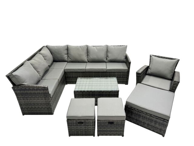 Fimous 10 Seat Poly Rattan Corner Sofa Set with 3 Stools Chair in Dark Grey - image 1
