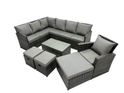 Fimous 10 Seat Poly Rattan Corner Sofa Set with 3 Stools Chair in Dark Grey - thumbnail 2