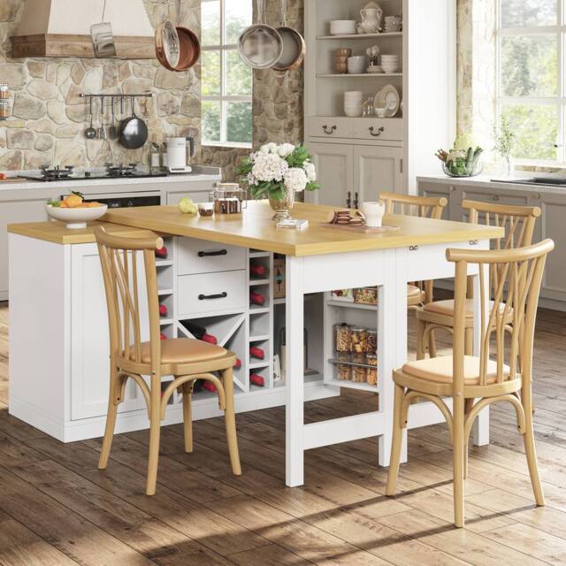 Merax Extending Kitchen Island Dining Table with Wine Rack & Bin Compartment in White - image 1