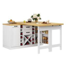 Merax Extending Kitchen Island Dining Table with Wine Rack & Bin Compartment in White - thumbnail 8
