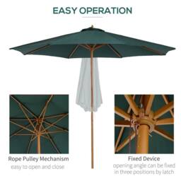 OUTSUNNY 3m Fir Wooden Garden Parasol Sun Shade Outdoor Umbrella Canopy in Dark Green - thumbnail 6