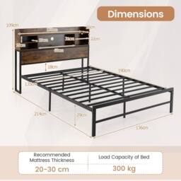Costway Double Size Bed Frame w/LED Lights&Charging Station Metal Platform Bed in Brown - thumbnail 2