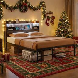 Costway Double Size Bed Frame w/LED Lights&Charging Station Metal Platform Bed in Brown - thumbnail 4