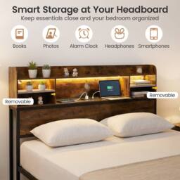 Costway Double Size Bed Frame w/LED Lights&Charging Station Metal Platform Bed in Brown - thumbnail 9