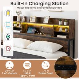 Costway Double Size Bed Frame w/LED Lights&Charging Station Metal Platform Bed in Brown - thumbnail 7
