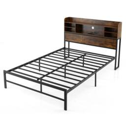 Costway Double Size Bed Frame w/LED Lights&Charging Station Metal Platform Bed in Brown - thumbnail 5