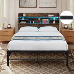 Costway Double Size Bed Frame w/LED Lights&Charging Station Metal Platform Bed in Brown - thumbnail 3