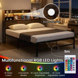 Costway Double Size Bed Frame w/LED Lights&Charging Station Metal Platform Bed in Brown - thumbnail 6