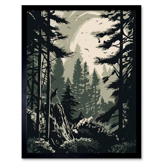 "Artery8 Wall Art Print Pine Tree Forest Sunrise Landscape Art Framed in Black - Size: W12"" x H16""" - image 1