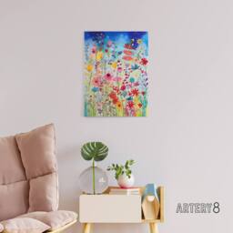 "Artery8 Summer Wildflower Meadow Folk Art Canvas Wall Art Print - Size: W24"" x H32""" - thumbnail 3