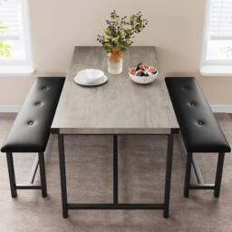 London Boutique 3PCS Dining Table Set Retangular Kitchen Table w/2 Upholstered Benches in Grey