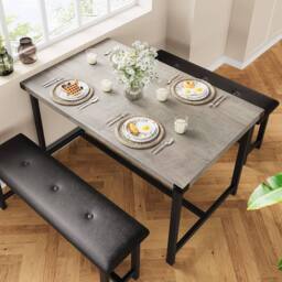 London Boutique 3PCS Dining Table Set Retangular Kitchen Table w/2 Upholstered Benches in Grey - thumbnail 3