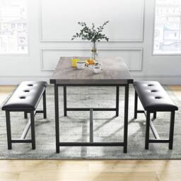 London Boutique 3PCS Dining Table Set Retangular Kitchen Table w/2 Upholstered Benches in Grey - thumbnail 6