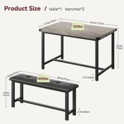 London Boutique 3PCS Dining Table Set Retangular Kitchen Table w/2 Upholstered Benches in Grey - thumbnail 2
