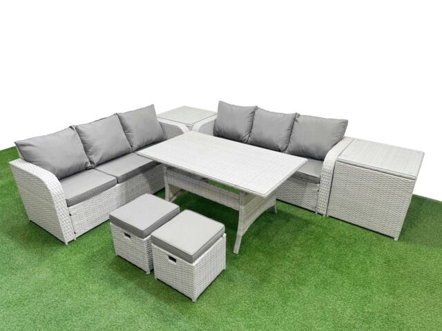 Fimous Outdoor Garden Furniture Sets 8 Seater Wicker Rattan Furniture Sofa Sets w/ Rectangular Dining Table high Back Lounge Sofa Stools 2 Side Table - image 1
