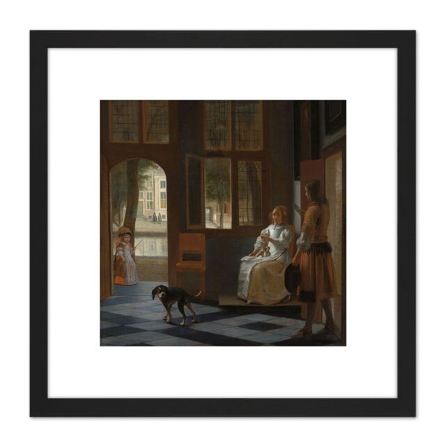 Artery8 Pieter De Hooch Man Handing A Letter To A Woman 8X8 Inch Square Wooden Framed Wall Art Print Picture with Mount in Black - image 1
