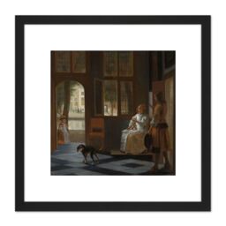 Artery8 Pieter De Hooch Man Handing A Letter To A Woman 8X8 Inch Square Wooden Framed Wall Art Print Picture with Mount in Black - thumbnail 1