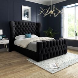 KDMD Parma Wide Curved Winged Upholstered Soft Velvet Black Bed Frame - Size: Small Single - thumbnail 1