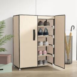 Berkfield Home Shoe Cabinet Cream 60x28x90 cm Fabric in Beige - Size: 60 x 28 x 90 cm - thumbnail 2