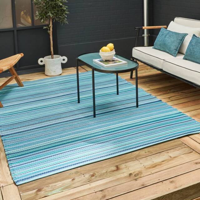 THE RUGS Reversible Weatherproof Outdoor Garden Patio Rug Striped Rainbow 1020 in Blue - Size: 150 cm x 220 cm - image 1