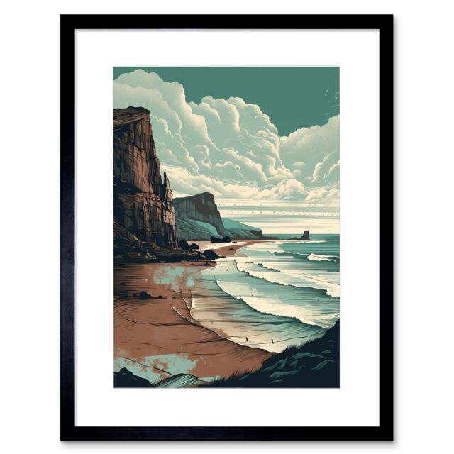 "Artery8 Wall Art Print Bay with Cliffs Dramatic Coastal Landscape Artwork Framed 9X7 Inch in Black - Size: W7"" x H9""" - image 1