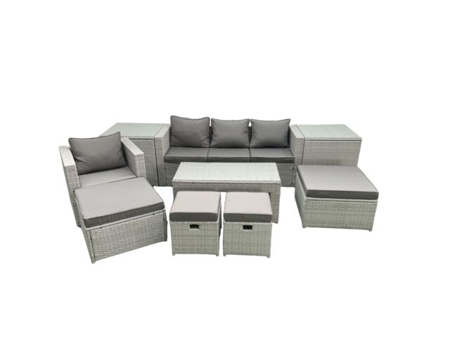 Fimous Rattan Garden Furniture Set Outdoor Lounger Sofa with Coffee Table 4 Footstools 2 Side Tables Light Grey Mixed - image 1