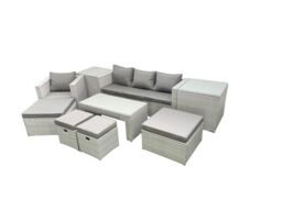 Fimous Rattan Garden Furniture Set Outdoor Lounger Sofa with Coffee Table 4 Footstools 2 Side Tables Light Grey Mixed - thumbnail 2