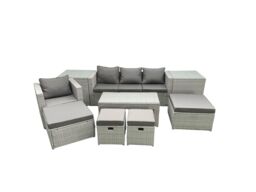 Fimous Rattan Garden Furniture Set Outdoor Lounger Sofa with Coffee Table 4 Footstools 2 Side Tables Light Grey Mixed - thumbnail 1