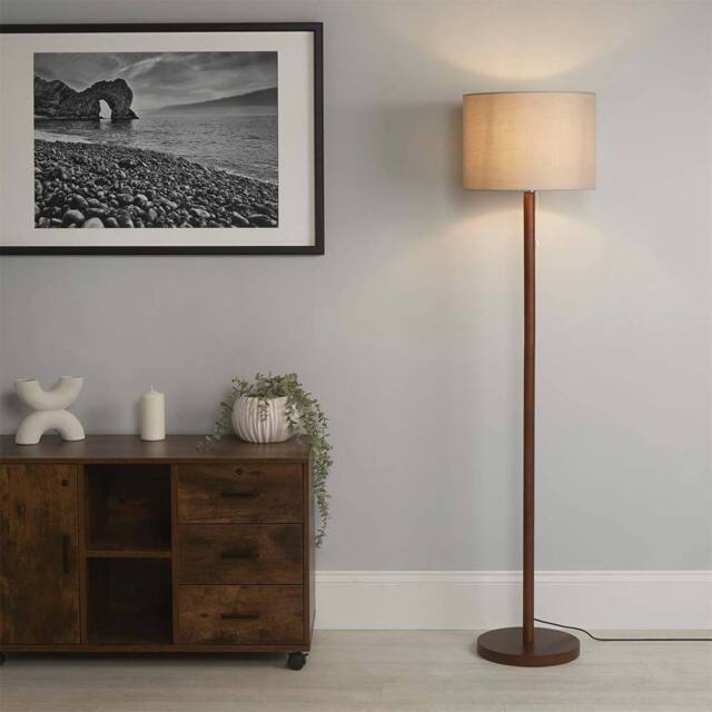 Lighting Collection Slim Wood-Base Floor Lamp with Neutral Fabric Shade in Dark Brown - image 1